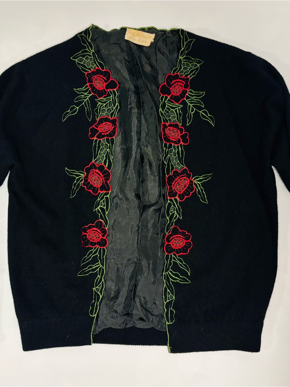 Vintage Black Cardigan with Red Floral Embroidery